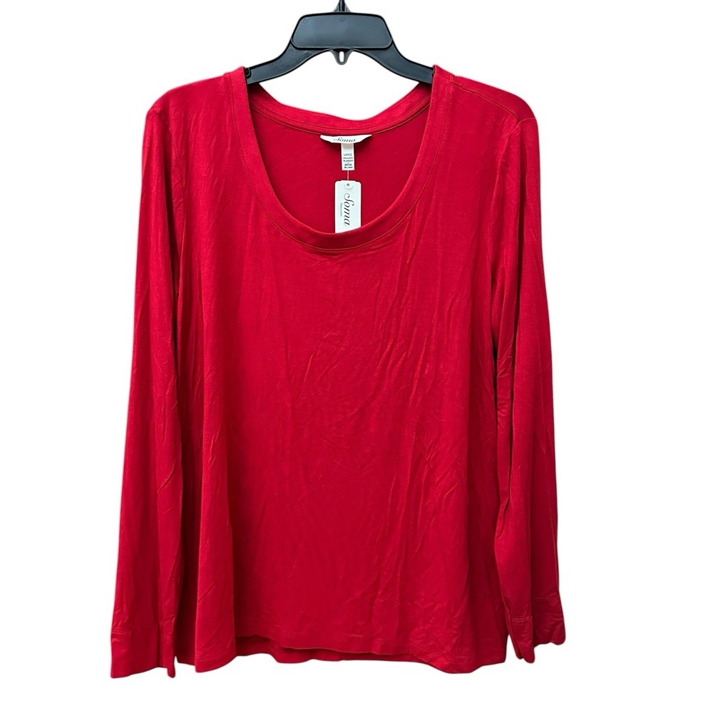 SOMA Cool Nights Top Large Red Long Sleeve Pajama Sleep Shirt Soft #UV10-4